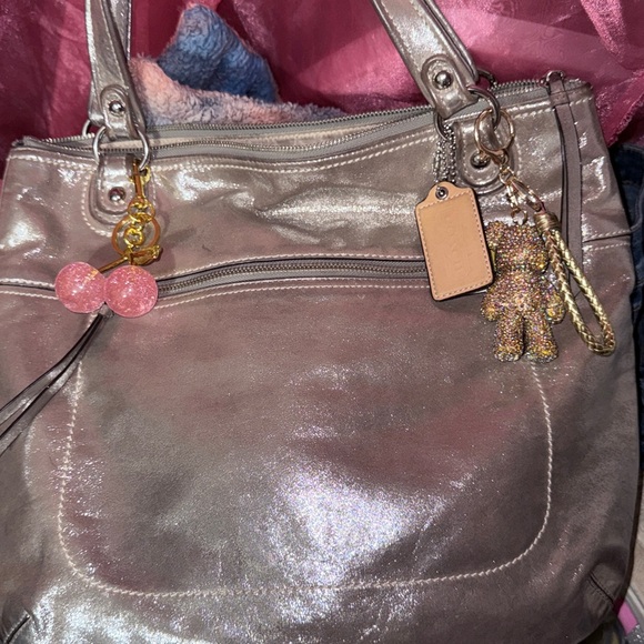 Handbags - Vintage Coach Poppy Shimmering Gold Metallic large Tote Bag with Charm Accent